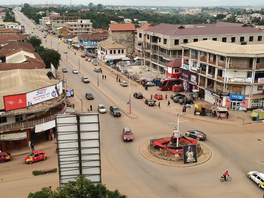 Empty streets of Sunyani and some closed shops.