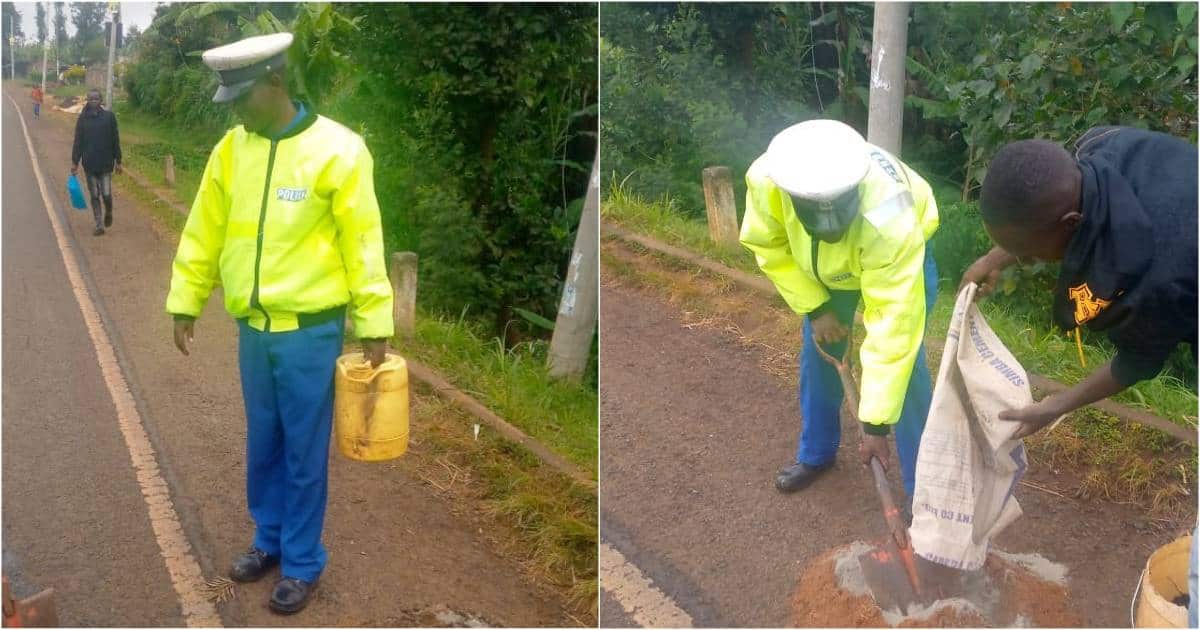 Cop repairs pothole.