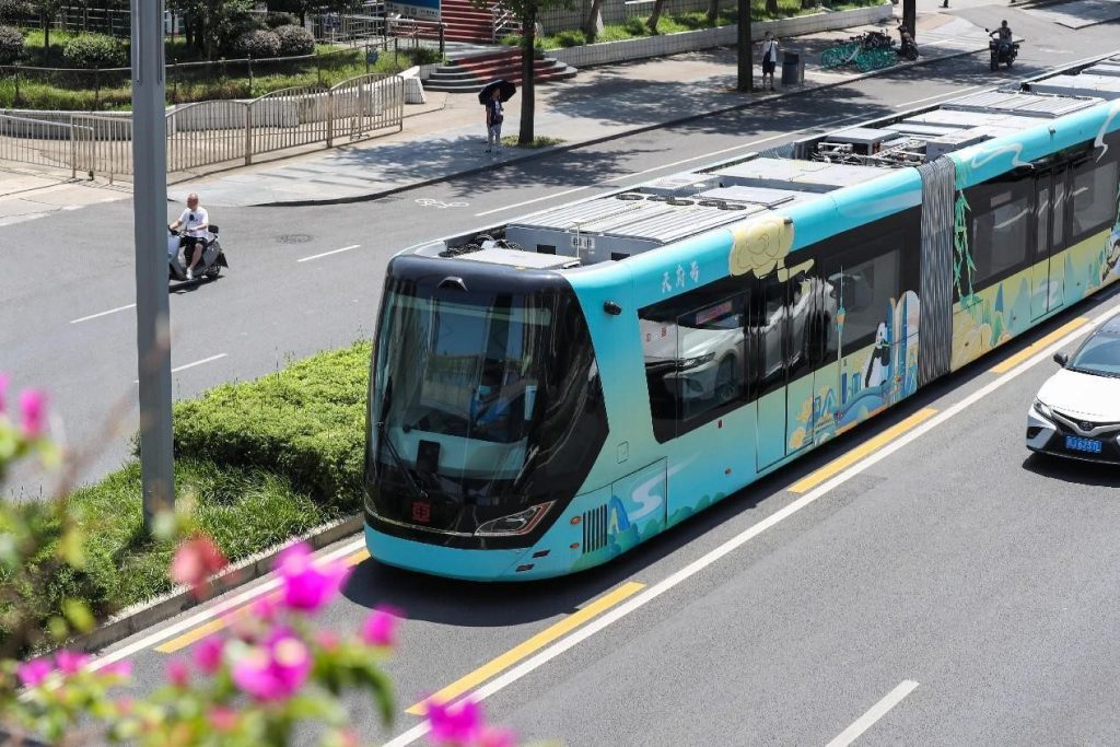 An autonomous rail rapid transit bus is on a test run in Chengdu, southwest China