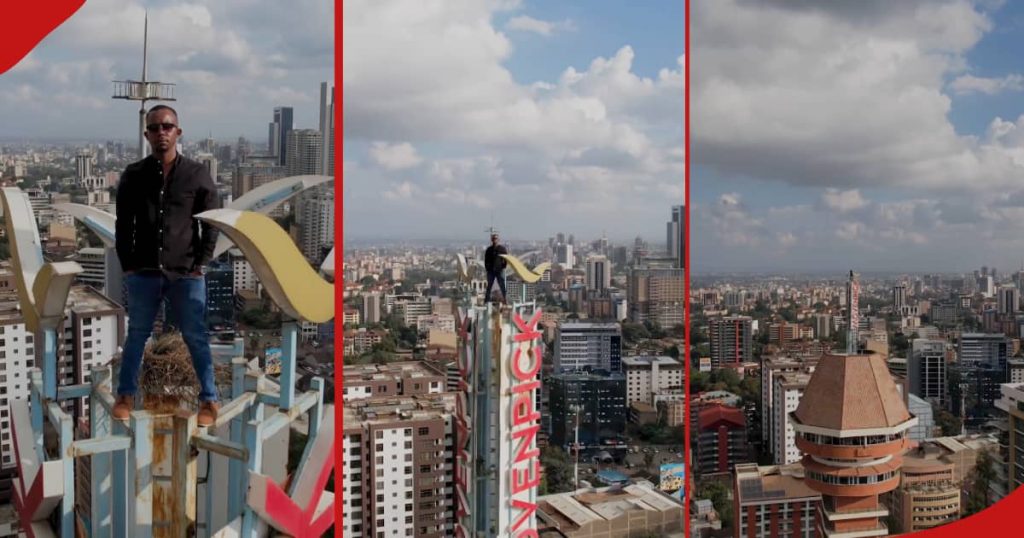 Un photographe kenyan réalise une cascade audacieuse en se tenant au sommet d'un imposant bâtiment à Nairobi