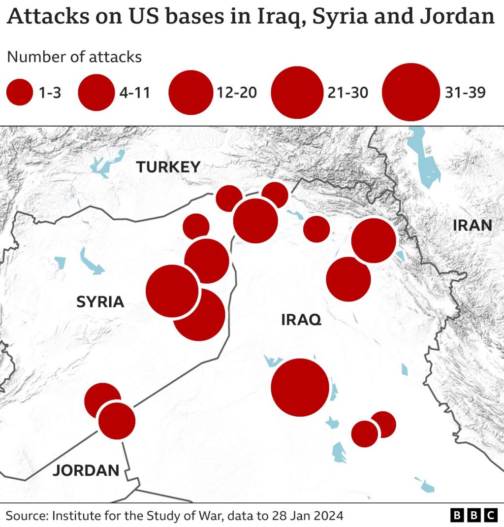 Une carte montrant le nombre d'attaques ayant eu lieu contre des bases américaines en Irak, en Syrie et en Jordanie