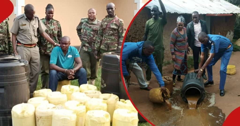 La police coince un brasseur de boissons illicites qui les a menacés avec du Panga et a renversé 100 litres de Chang'aa