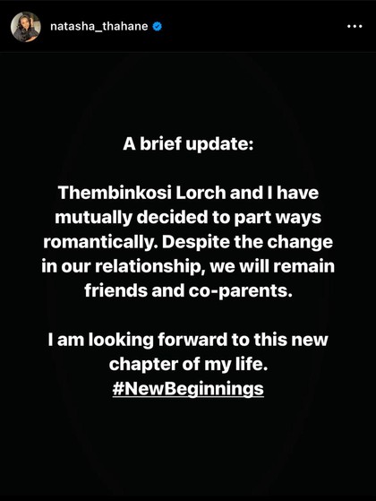 Natasha Thahane et la nouvelle star des Sundowns, Thembinkosi Lorch, se sont séparés |