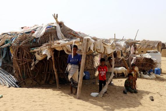 Children are pictured in front of their hut at a refugee camp in the Midi District of Hajjah Province, northern Yemen, on Aug. 16, 2023. (Photo by Mohammed Al-Wafi/Xinhua)