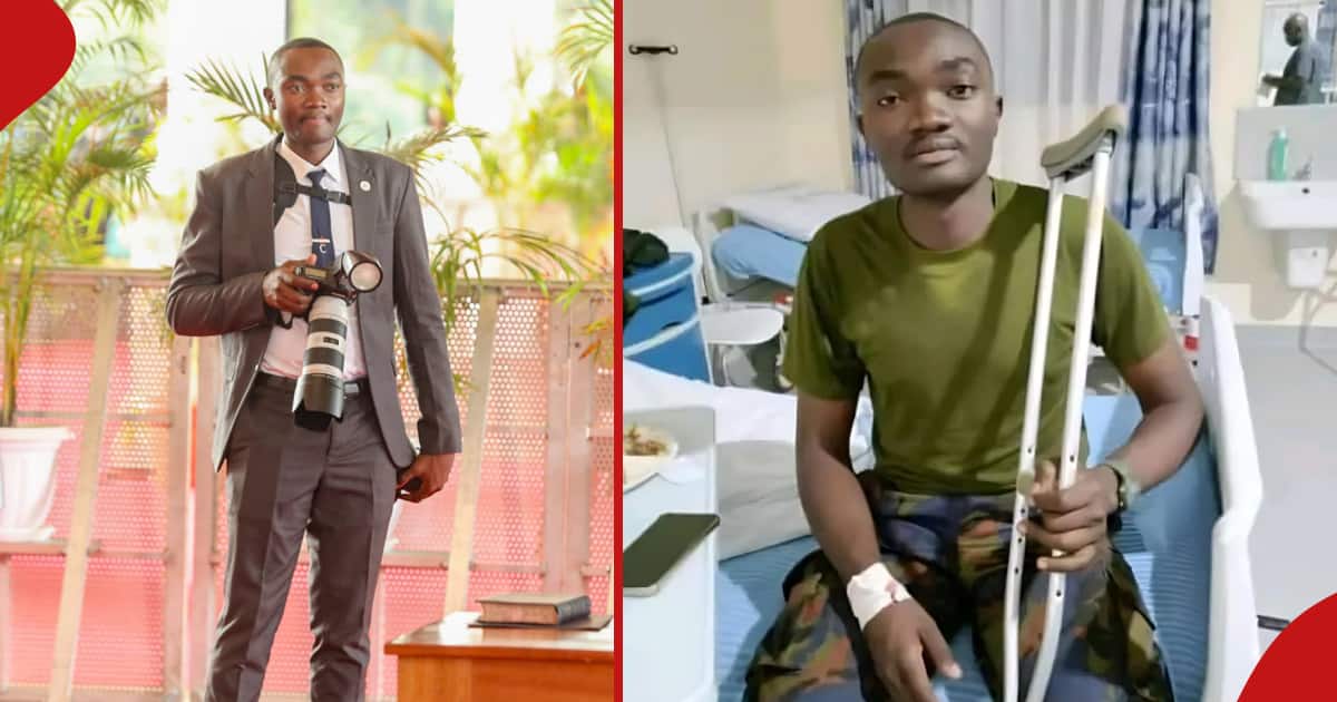 Francis Ogolla : Karanja Mogire, survivante du crash de la KDF, photographiée avec des béquilles sur une photo non datée