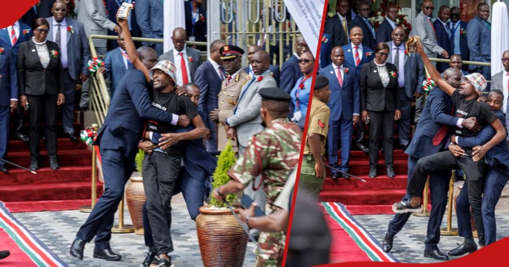 Lecture du budget 2024 : des policiers s'attaquent rapidement à un homme qui tentait de perturber la séance photo de CS Njuguna