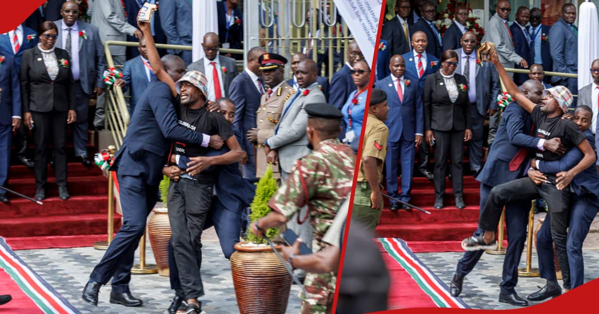 Lecture du budget 2024 : des policiers s'attaquent rapidement à un homme qui tentait de perturber la séance photo de CS Njuguna