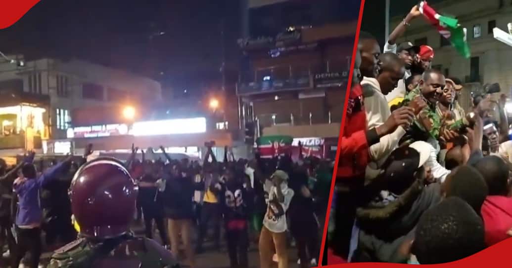 Les manifestants du parc Uhuru font la fête sur l'avenue Moi à la tombée de la nuit et dansent au rythme d'Abarntone