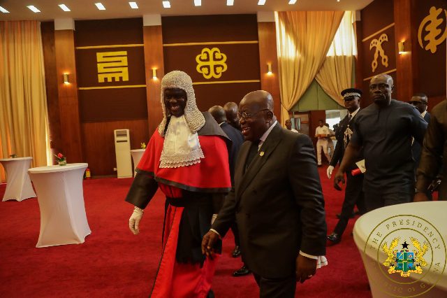 President Akufo Addo In Suit And Chief Justice Kwasi Anin Yeboah In Red Legal Apparel In The Golden Jubilee House Accra