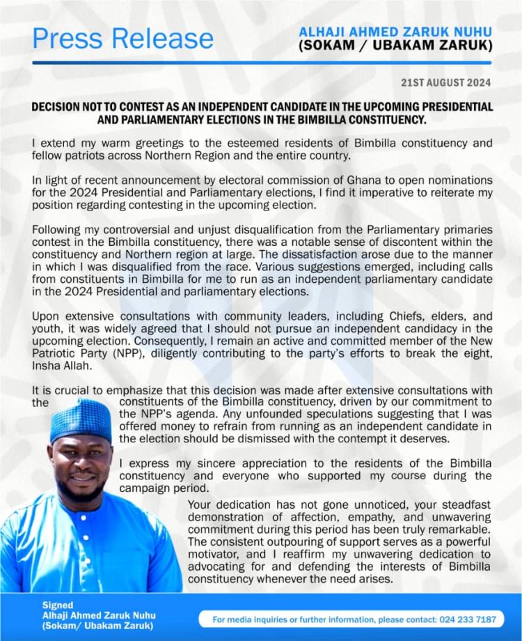 Ahmed Zaruk Nuhu, candidat disqualifié au NPP, décide de ne pas se présenter en tant que candidat indépendant