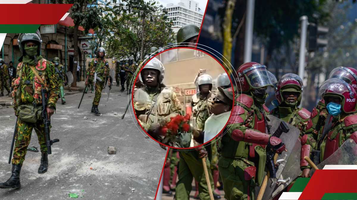 Une femme de Nairobi offre des fleurs à des policiers lourdement armés lors de manifestations contre les enlèvements