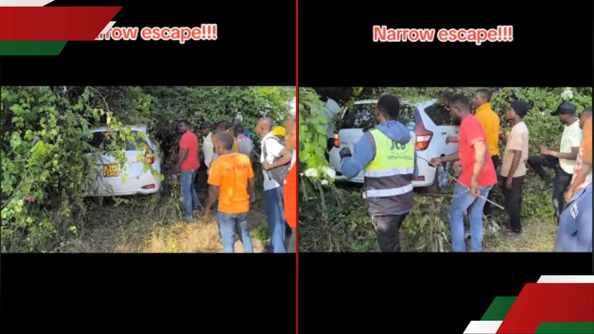 Les résidents de Mombasa aident la femme à récupérer la voiture après avoir quitté la route, atterri à Bush