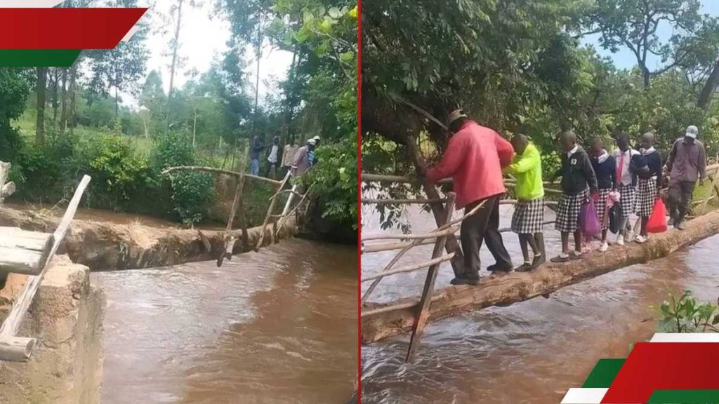 Bomet: les internautes concernés en tant qu'élèves sont capturés Crossing River sur un pont de fortune