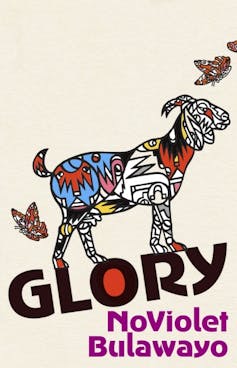 Une couverture de livre avec une illustration d'une chèvre et des papillons avec une impression africaine couvrant leur corps.