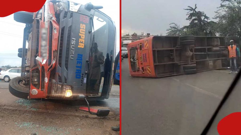Vidéo : Un super bus de métro se renverse sur la rocade nord après être entré en collision avec un Matatu de 14 places