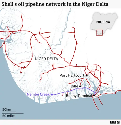 Un graphique montrant le réseau d’oléoducs de Shell dans le delta du Niger. Un petit localisateur montre que la zone couverte par la carte se trouve sur la côte sud du Nigeria. Le réseau de pipelines s’étend sur une superficie d’environ 50 000 milles carrés. La ville de Port Hartcourt et la ville de Bille sont situées au sud-est de la carte. La section du réseau connue sous le nom de Nembe Creek Trunk Line est mise en évidence, traversant le delta marécageux au sud, depuis Nembe Creek à l'ouest jusqu'au terminal de Bonny à l'est.