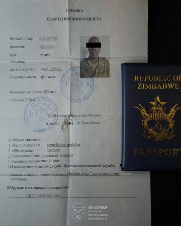 Documents militaires russes délivrés à un ressortissant zimbabwéen servant dans les forces armées russes. (Source : 66e brigade mécanisée séparée) Documents militaires russes délivrés à un ressortissant zimbabwéen servant dans les forces armées russes. (Source : 66e brigade mécanisée séparée)