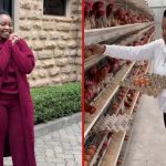 Millicent Omanga présente sa vaste ferme avicole tout en collectant des œufs